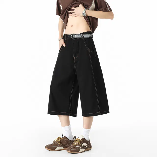 敦煌博物馆 美式复古原色水洗学院风宽松阔腿直筒潮流高级感七分裤薄款亲肤透气舒适通勤休闲百搭牛仔短裤 男女同款