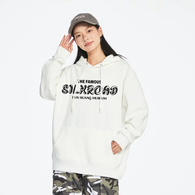 敦煌博物馆 美式高街连帽纯色字母休闲百搭针织套头卫衣 男女同款