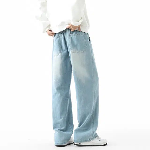 敦煌博物馆 美式复古高街潮流基础款水洗做旧经典通勤百搭舒适垂感中腰宽松牛仔裤 男女同款