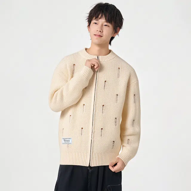 敦煌博物馆 日系复古简约织唛标百搭个性磨破设计痞帅舒适柔软亲肤日常通勤高级感拉链针织开衫外套毛衣 男女同款