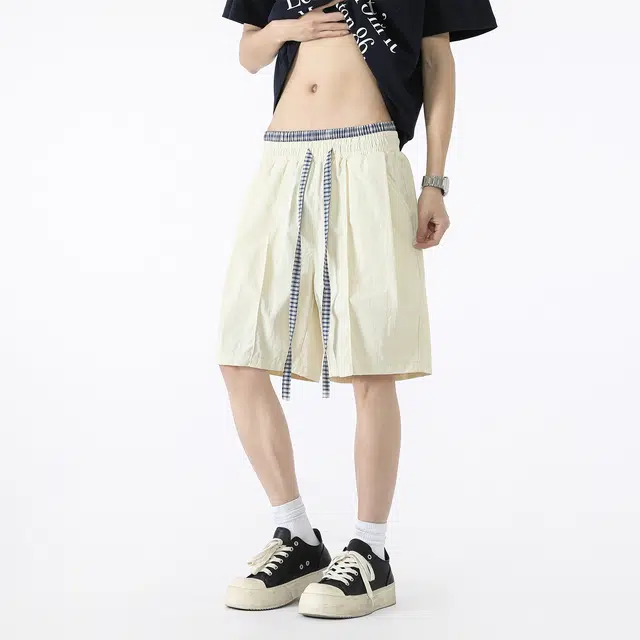 敦煌博物馆 假两件美式简约撞色格子抽绳设计学院风薄款透气运动宽松直筒舒适百搭五分休闲短裤 男女同款