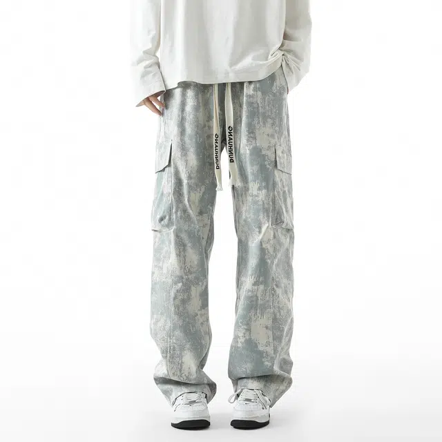 敦煌博物馆 新中式国潮扎染脏脏风渐变设计感大码复古高街宽松百搭工装大口袋直筒拖地垂感休闲裤 男女同款