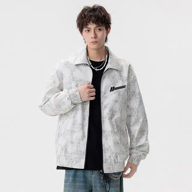 敦煌博物馆 美式复古满印字母扎染设计时尚户外通勤防风舒适宽松休闲大码教练翻领拉链夹克外套 男女同款