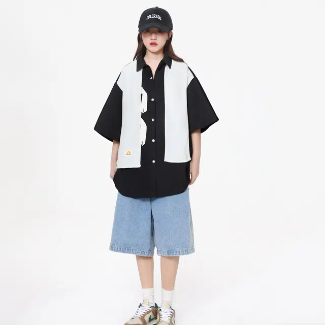 敦煌博物馆 美式潮流假两件拼色宽松百搭通勤休闲百搭短袖衬衫 男女同款