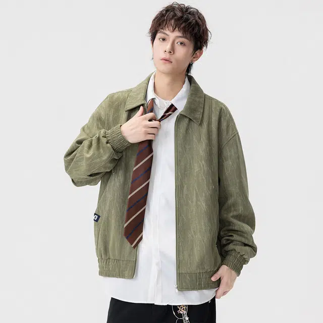 敦煌博物馆 美式复古翻领解构分割设计高街先锋扎染肌理感防风拉链大码百搭简约品牌织唛标宽松休闲痞帅夹克外套 男女同款