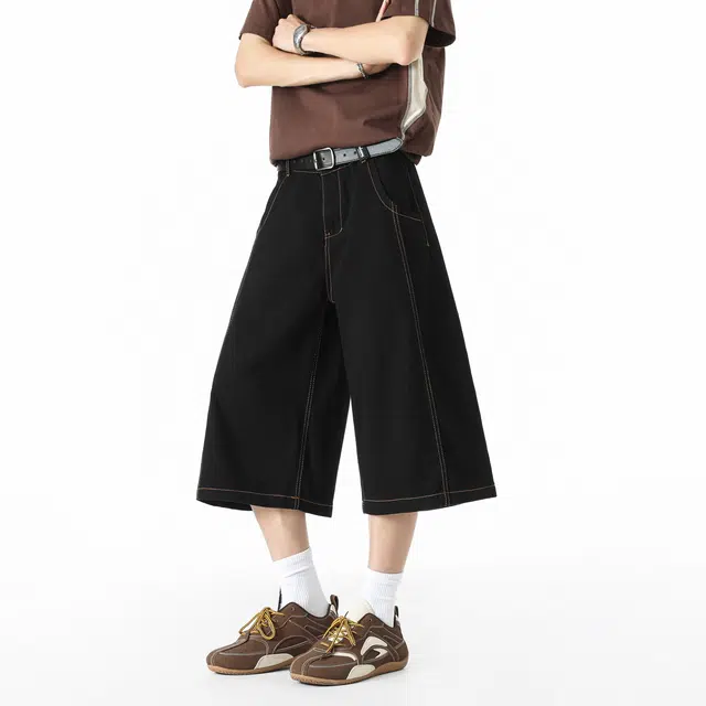 敦煌博物馆 美式复古原色水洗学院风宽松阔腿直筒潮流高级感七分裤薄款亲肤透气舒适通勤休闲百搭牛仔短裤 男女同款