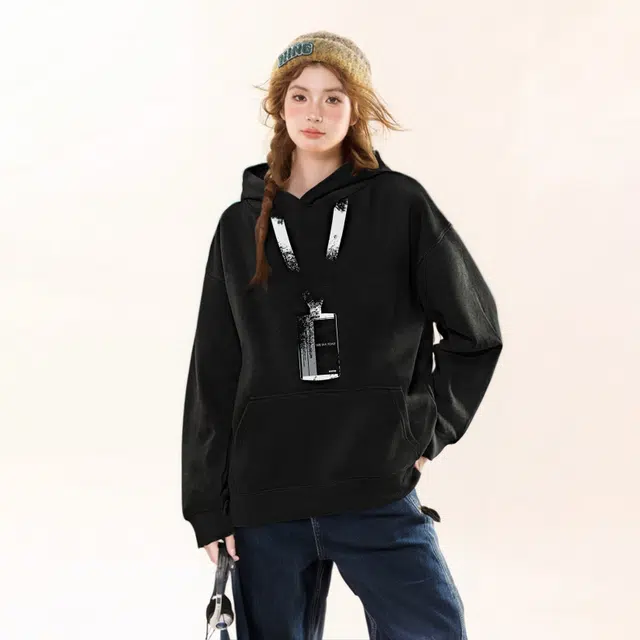 敦煌博物馆 美式高街潮流创意工牌涂鸦字母印花连帽套头落肩长袖宽松亲肤舒适纯色简约百搭运动休闲情侣卫衣 男女同款