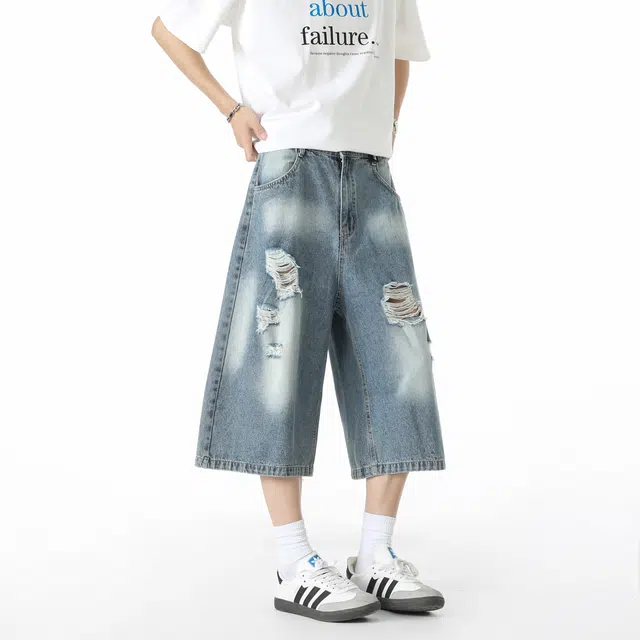 敦煌博物馆 美式复古渐变七分裤宽松直筒阔腿薄款亲肤透气舒适百搭牛仔短裤 男女同款