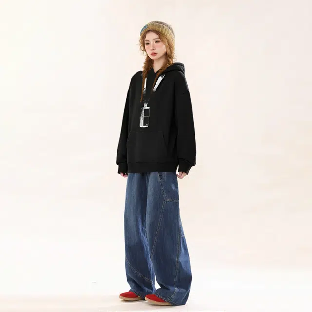 敦煌博物馆 美式高街潮流创意工牌涂鸦字母印花连帽套头落肩长袖宽松亲肤舒适纯色简约百搭运动休闲情侣卫衣 男女同款