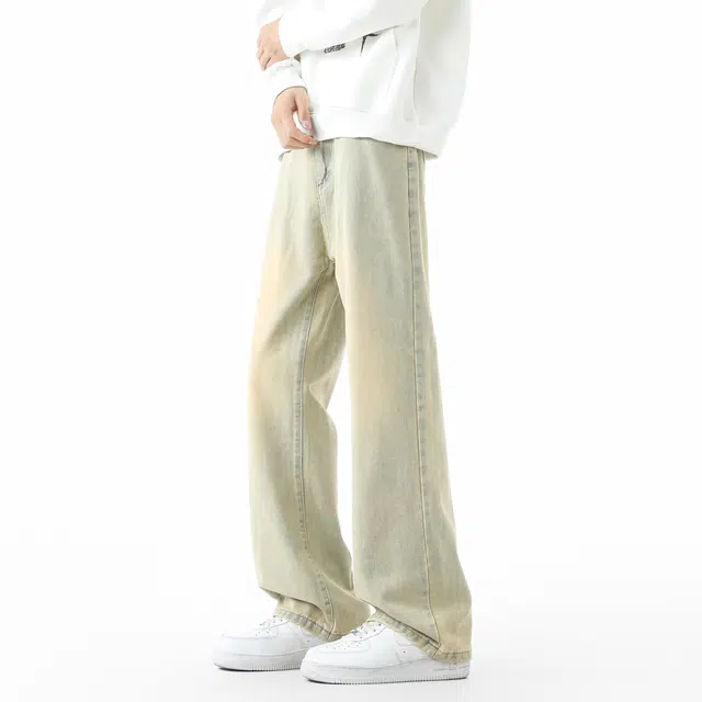 敦煌博物馆 美式高街做旧水洗扩散渐变直筒阔腿微喇垂感显高显瘦休闲长裤高级感潮流无性别主义宽松舒适基础百搭柔软牛仔裤 男女同款