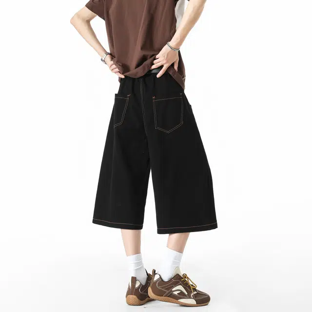 敦煌博物馆 美式复古原色水洗学院风宽松阔腿直筒潮流高级感七分裤薄款亲肤透气舒适通勤休闲百搭牛仔短裤 男女同款