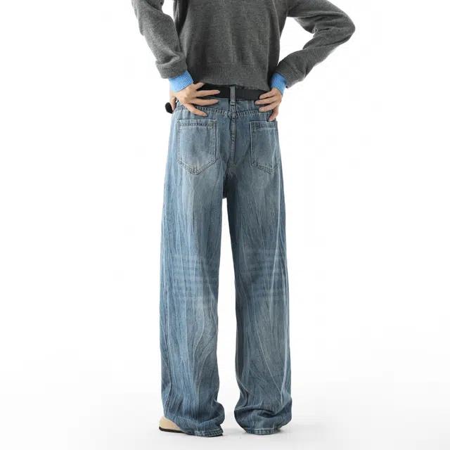 敦煌博物馆 美式高街复古老钱风水洗做旧闪电裂纹挑位扎染直筒阔腿微喇裤日常运动休闲通勤百搭牛仔裤 男女同款