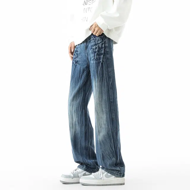 敦煌博物馆 美式高街水洗做旧闪电裂纹直筒阔腿微喇垂感休闲长裤中腰无性别主义高级感百搭柔软牛仔裤 男女同款