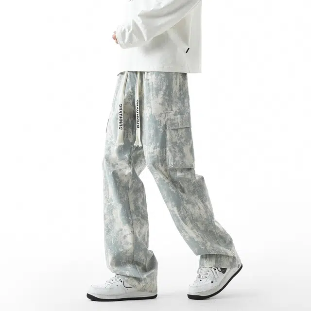 敦煌博物馆 新中式国潮扎染脏脏风渐变设计感大码复古高街宽松百搭工装大口袋直筒拖地垂感休闲裤 男女同款