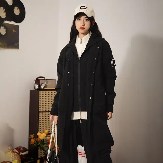 敦煌博物馆 纯色假两件连帽防风防水长款大码侧标字母魔术贴夹克外套 男女同款