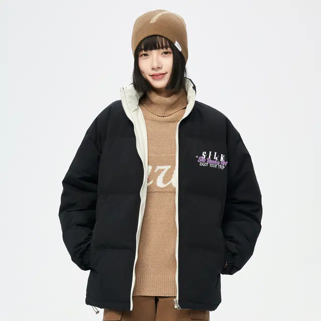 敦煌博物馆 双面穿宽松立领涂鸦字母印花防寒保暖羽绒服 男女同款