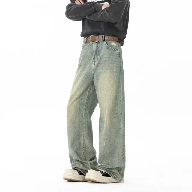 敦煌博物馆 美式复古重磅水洗做旧渐变柔软垂感直筒阔腿显高显瘦长裤中腰系带学院风简约百搭休闲微弹微喇牛仔裤 男女同款