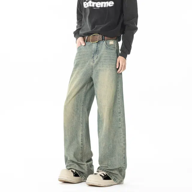 敦煌博物馆 美式复古重磅水洗做旧渐变柔软垂感直筒阔腿显高显瘦长裤中腰系带学院风简约百搭休闲微弹微喇牛仔裤 男女同款