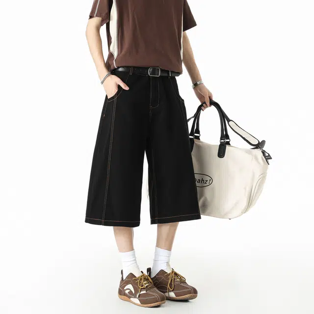 敦煌博物馆 美式复古原色水洗学院风宽松阔腿直筒潮流高级感七分裤薄款亲肤透气舒适通勤休闲百搭牛仔短裤 男女同款