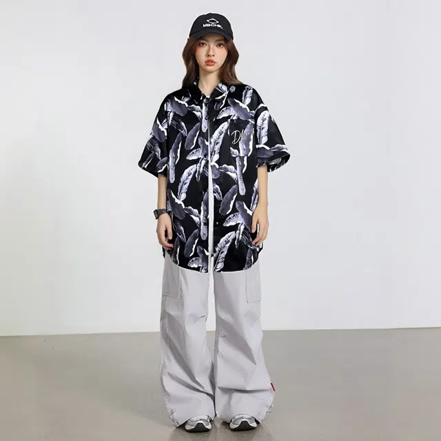 敦煌博物馆 美式复古宽松夏威夷海边沙滩风花卉薄款亲肤透气翻领纽扣印花百搭休闲短袖衬衫 男女同款