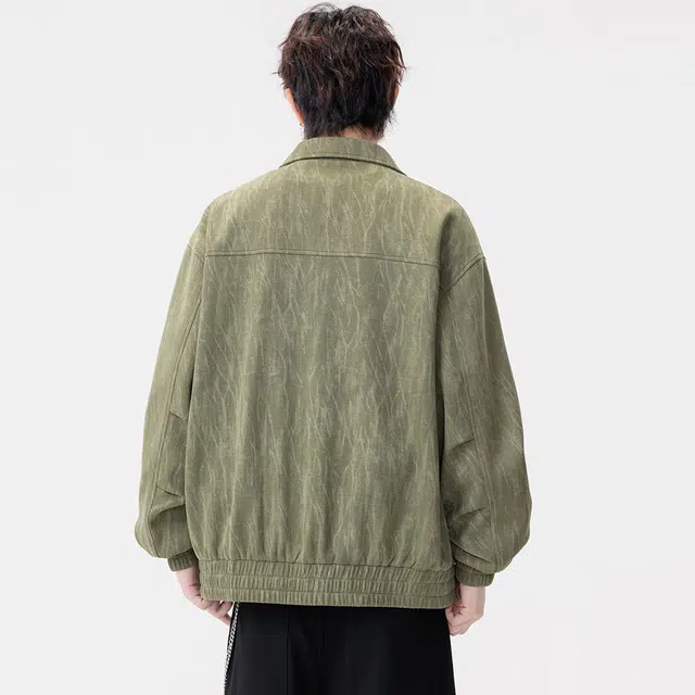 敦煌博物馆 美式复古翻领解构分割设计高街先锋扎染肌理感防风拉链大码百搭简约品牌织唛标宽松休闲痞帅夹克外套 男女同款