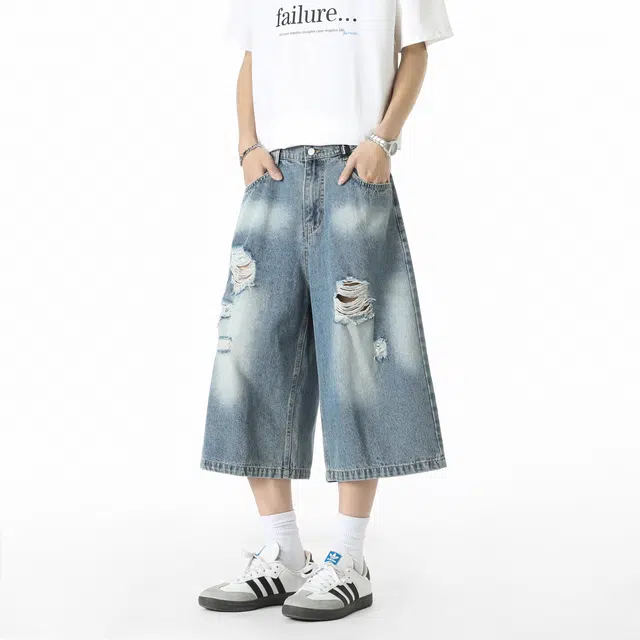 敦煌博物馆 美式复古渐变七分裤宽松直筒阔腿薄款亲肤透气舒适百搭牛仔短裤 男女同款