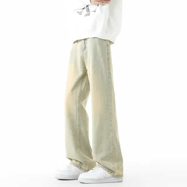 敦煌博物馆 美式高街做旧水洗扩散渐变直筒阔腿微喇垂感显高显瘦休闲长裤高级感潮流无性别主义宽松舒适基础百搭柔软牛仔裤 男女同款