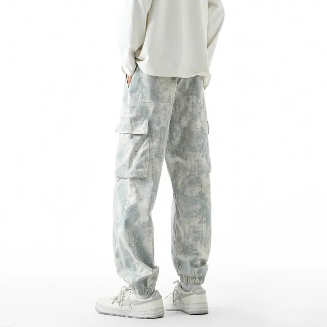 敦煌博物馆 美式高街复古户外通勤抽绳系带扎染设计大口袋机能休闲宽松大码舒适百搭显高显瘦束脚工装裤 男女同款