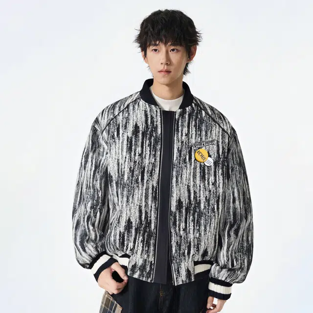敦煌博物馆 美式高街大码扎染撞色提花小香风棒球领高级感防风保暖短款外套宽松舒适落肩金属可拆卸字母徽章百搭哈灵顿夹克 男女同款