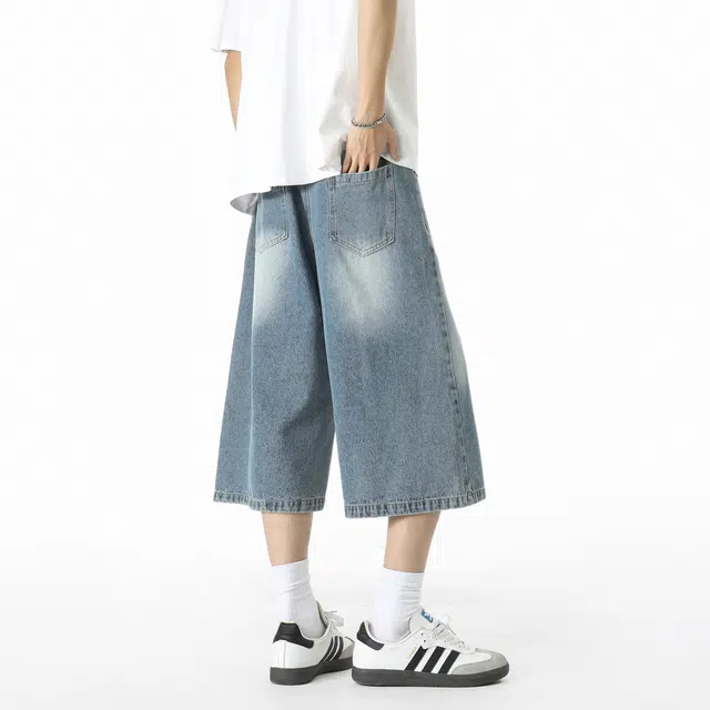 敦煌博物馆 美式复古渐变七分裤宽松直筒阔腿薄款亲肤透气舒适百搭牛仔短裤 男女同款