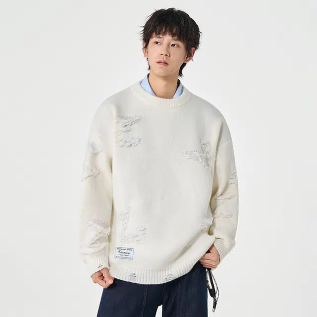 敦煌博物馆 纯色流苏不规则提花圆领套头长袖针织上衣百搭宽松基础款简约户外高级感舒适保暖软糯毛衣 男女同款