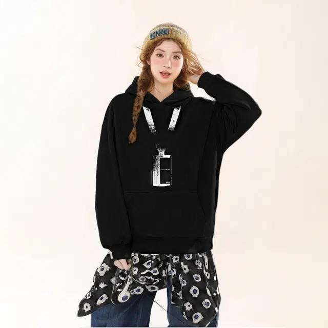 敦煌博物馆 美式高街潮流创意工牌涂鸦字母印花连帽套头落肩长袖宽松亲肤舒适纯色简约百搭运动休闲情侣卫衣 男女同款