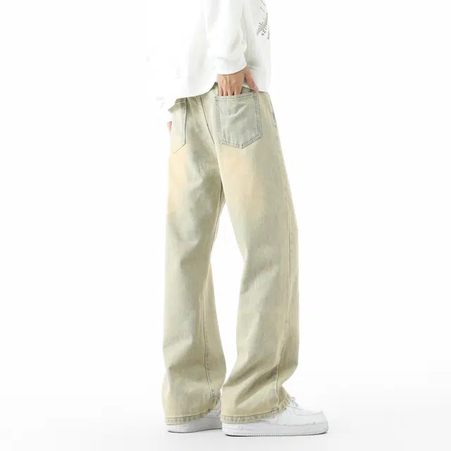 敦煌博物馆 美式高街做旧水洗扩散渐变直筒阔腿微喇垂感显高显瘦休闲长裤高级感潮流无性别主义宽松舒适基础百搭柔软牛仔裤 男女同款