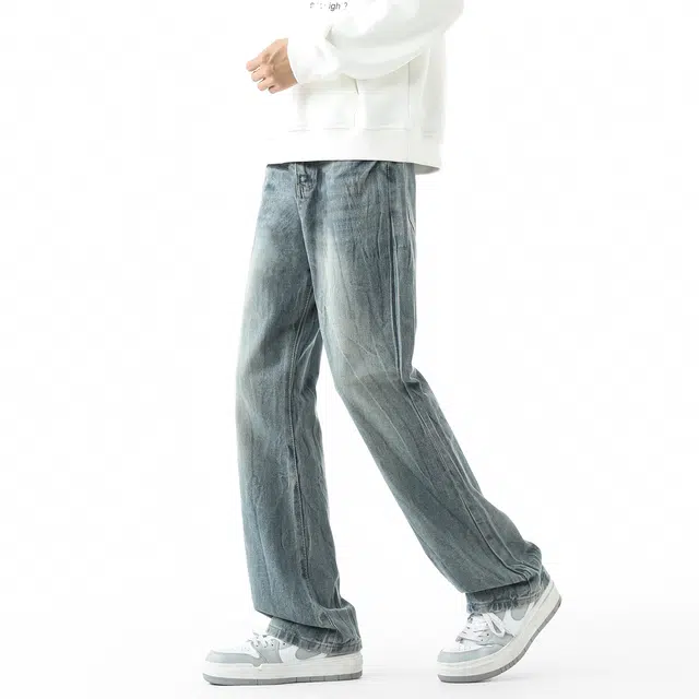 敦煌博物馆 美式高街闪电纹复古水洗做旧直筒休闲宽松百搭潮牌垂感牛仔裤 男女同款