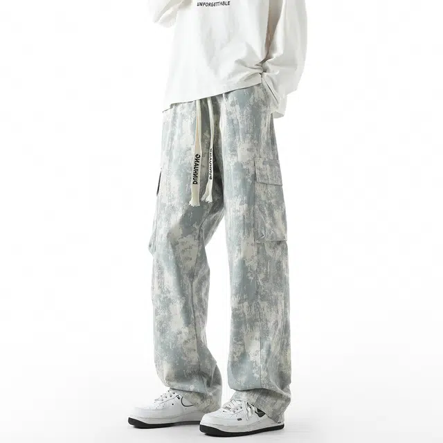 敦煌博物馆 新中式国潮扎染脏脏风渐变设计感大码复古高街宽松百搭工装大口袋直筒拖地垂感休闲裤 男女同款