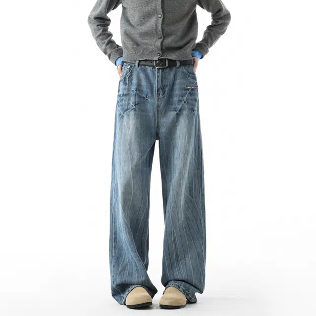 敦煌博物馆 美式高街复古老钱风水洗做旧闪电裂纹挑位扎染直筒阔腿微喇裤日常运动休闲通勤百搭牛仔裤 男女同款