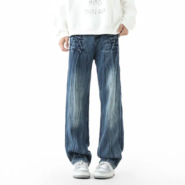 敦煌博物馆 美式高街水洗做旧闪电裂纹直筒阔腿微喇垂感休闲长裤中腰无性别主义高级感百搭柔软牛仔裤 男女同款
