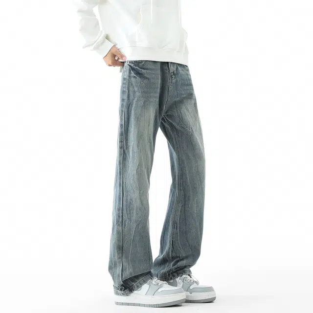 敦煌博物馆 美式高街闪电纹复古水洗做旧直筒休闲宽松百搭潮牌垂感牛仔裤 男女同款