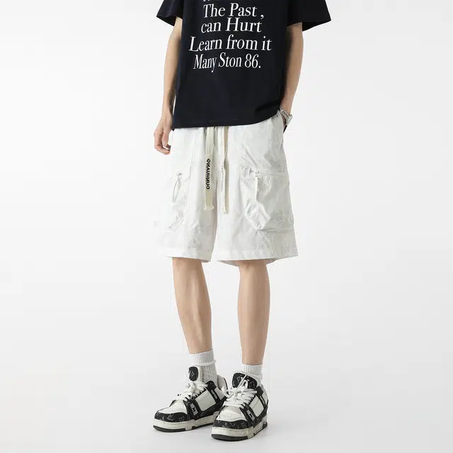 敦煌博物馆 美式复古工装拉链大口袋潮流时尚户外通勤登山运动百搭薄款透气系带五分直筒休闲短裤 男女同款