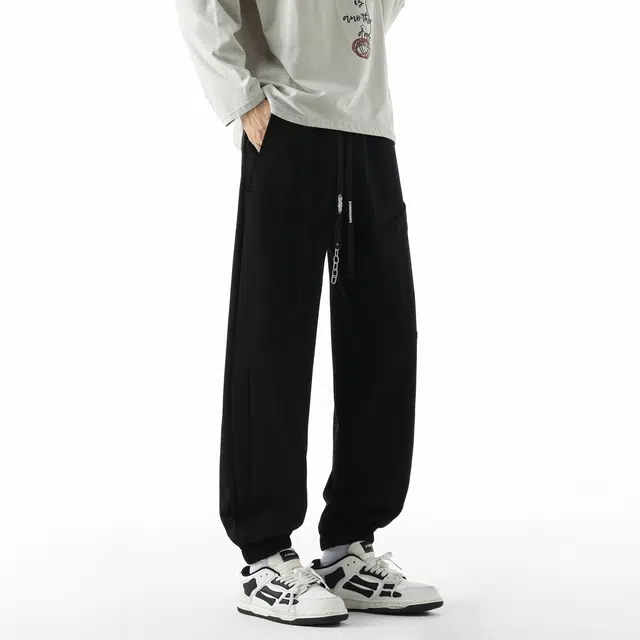 敦煌博物馆 美式复古纯色简约基础立体剪裁显高显瘦宽松直筒束脚长裤松紧腰绳舒适百搭户外运动休闲通勤工装裤 男女同款