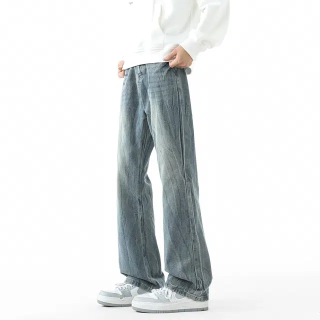 敦煌博物馆 美式高街闪电纹复古水洗做旧直筒休闲宽松百搭潮牌垂感牛仔裤 男女同款