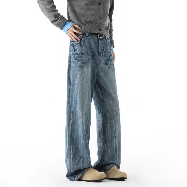 敦煌博物馆 美式高街复古老钱风水洗做旧闪电裂纹挑位扎染直筒阔腿微喇裤日常运动休闲通勤百搭牛仔裤 男女同款