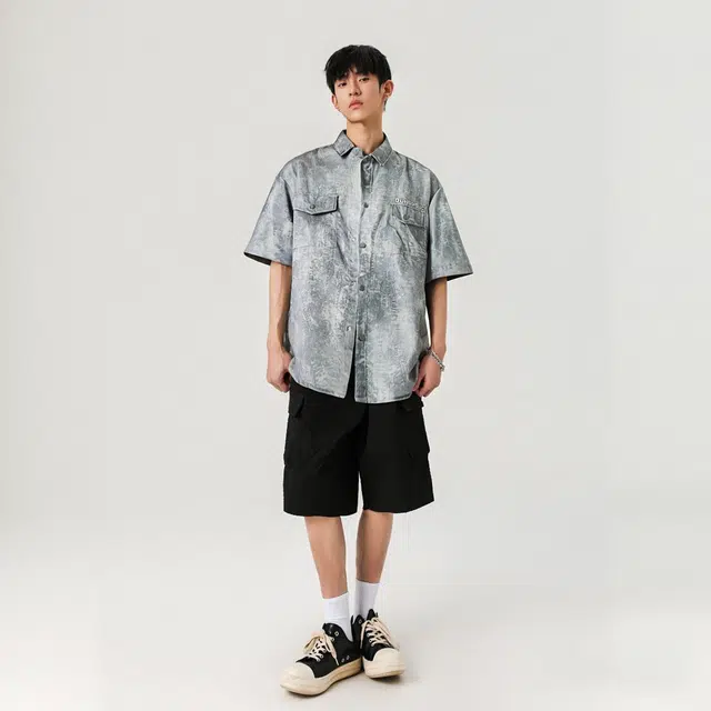 敦煌博物馆 美式复古大码扎染学院风宽松薄款亲肤舒适透气肌理感纽扣翻领短袖衬衫 男女同款