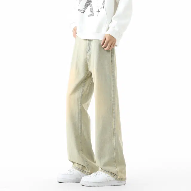 敦煌博物馆 美式高街做旧水洗扩散渐变直筒阔腿微喇垂感显高显瘦休闲长裤高级感潮流无性别主义宽松舒适基础百搭柔软牛仔裤 男女同款
