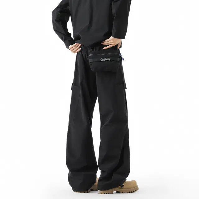 敦煌博物馆 美式高街防泼水可拆卸腰包直筒阔腿巴恩风长裤户外运动爬山徒步可调节裤脚褶皱百搭显高显瘦伞兵机能工装裤 男女同款