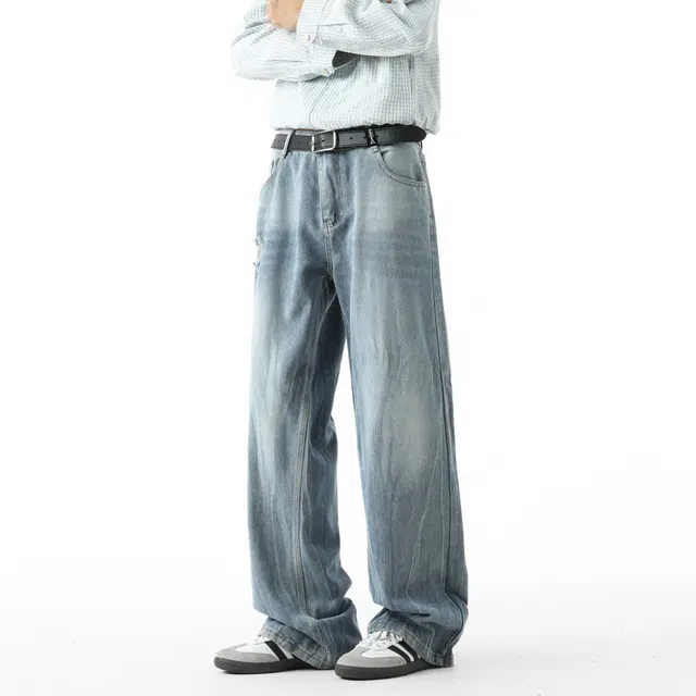 敦煌博物馆 美式高街水洗做旧手工磨破闪电纹高级感直筒垂感微喇显高显瘦长裤中腰系带潮流嘻哈风百搭休闲牛仔裤 男女同款