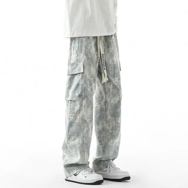 敦煌博物馆 新中式国潮扎染脏脏风渐变设计感大码复古高街宽松百搭工装大口袋直筒拖地垂感休闲裤 男女同款