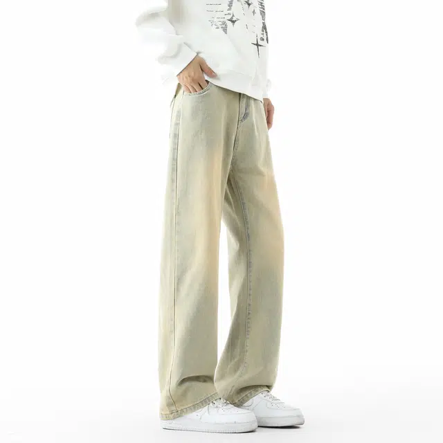 敦煌博物馆 美式高街做旧水洗扩散渐变直筒阔腿微喇垂感显高显瘦休闲长裤高级感潮流无性别主义宽松舒适基础百搭柔软牛仔裤 男女同款