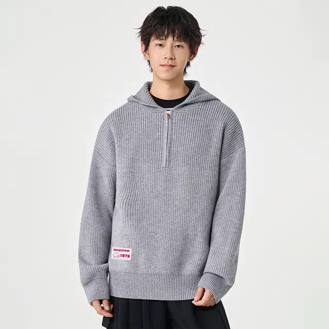 敦煌博物馆 复古学院风慵懒感简约织唛标半拉链连帽纯色基础款宽松休闲时尚通勤百搭保暖针织毛衣 男女同款