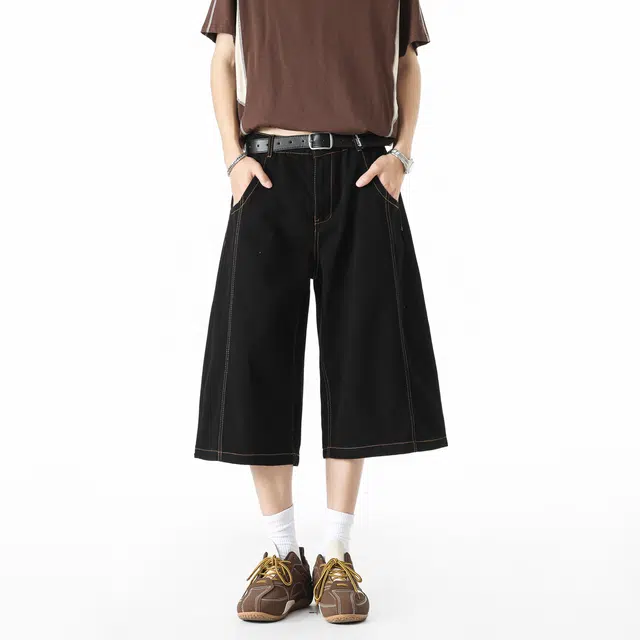 敦煌博物馆 美式复古原色水洗学院风宽松阔腿直筒潮流高级感七分裤薄款亲肤透气舒适通勤休闲百搭牛仔短裤 男女同款